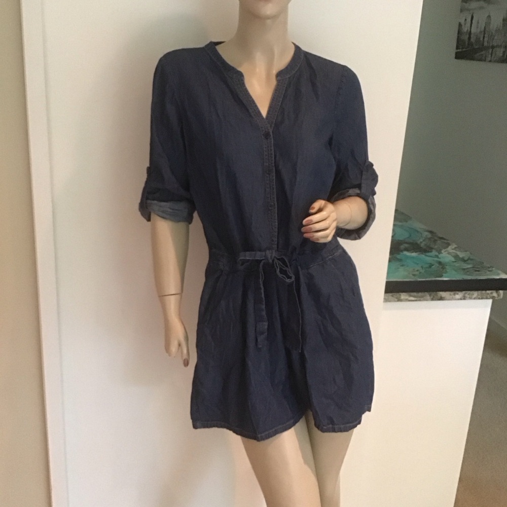 Nieman Marcus Denim Chambray Deep‎ Blue Shorts Roll Sleeve Romper Jumpsuit M